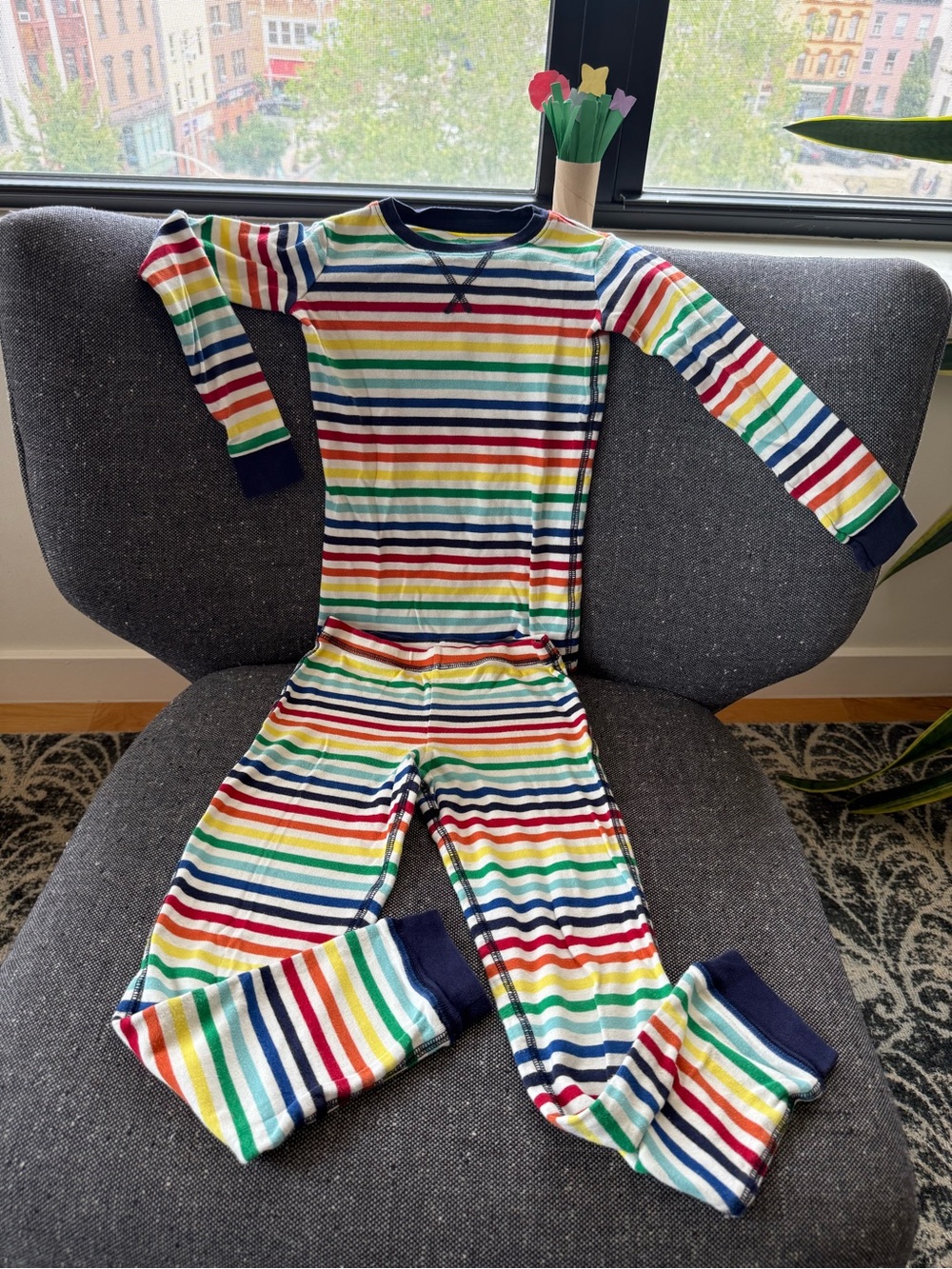 Primary Rainbow Stripe Long-Sleeve Pajama Set with Navy Trim